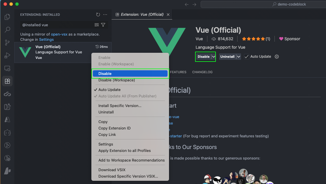 Extension Disable Interface