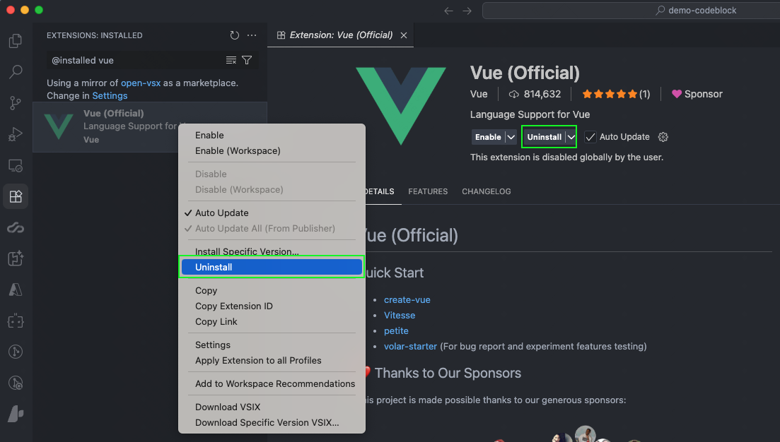 Extension Uninstall Interface